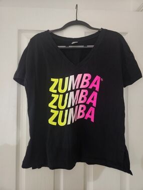 Zumba Fitness Black V-Neck Tee with Neon Logo